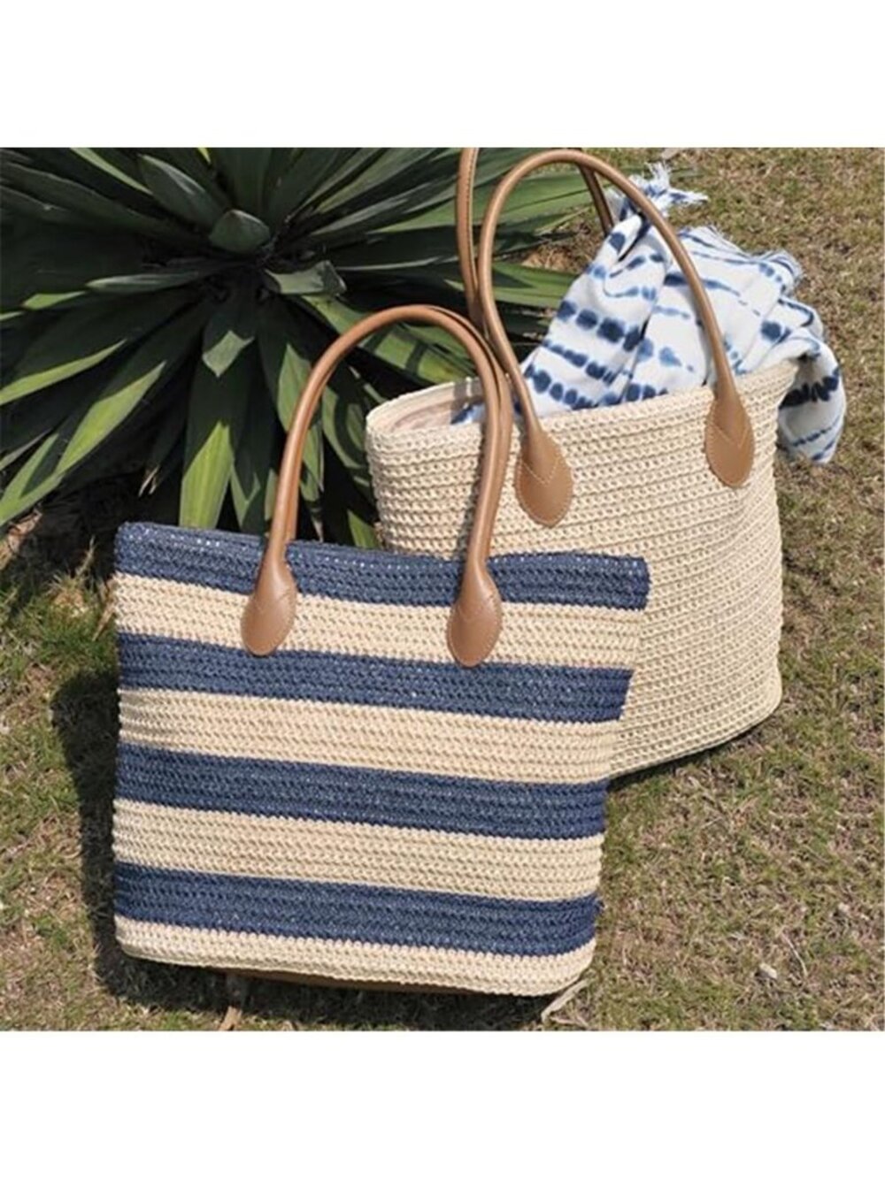 Striped Synthetic Women's Tote Light Weight Vaction Shoulder Handbag - Picture 5 of 5